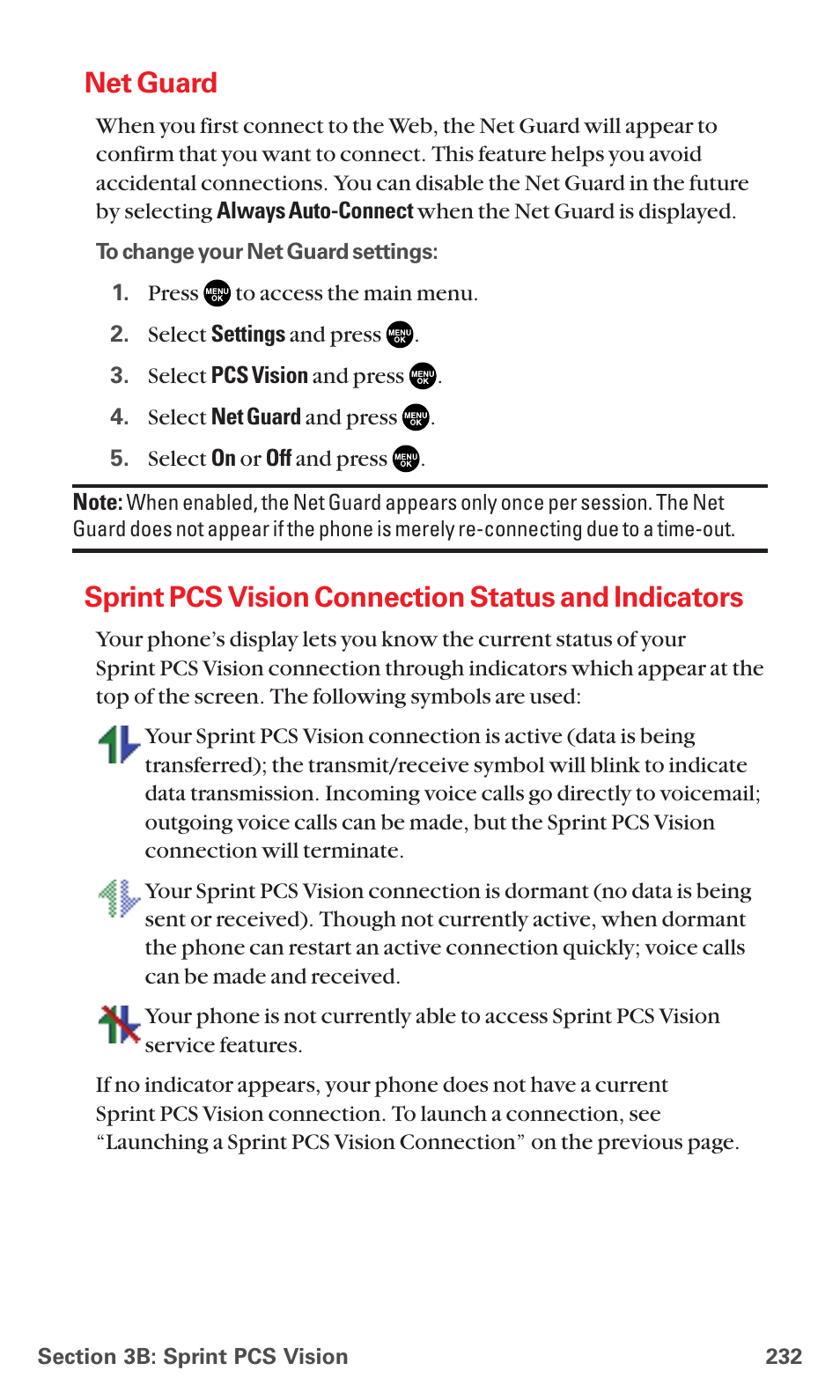 Net guard, Sprint pcs vision connection status and indicators | Sanyo MM-5600 User Manual | Page 246 / 330