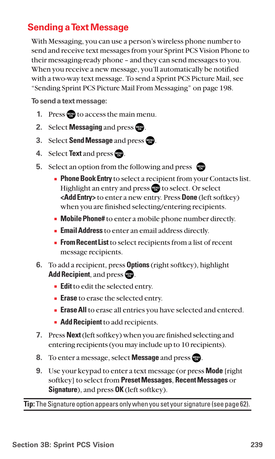 Sending a text message, Or 239, And 239 | Sanyo MM-5600 User Manual | Page 253 / 330