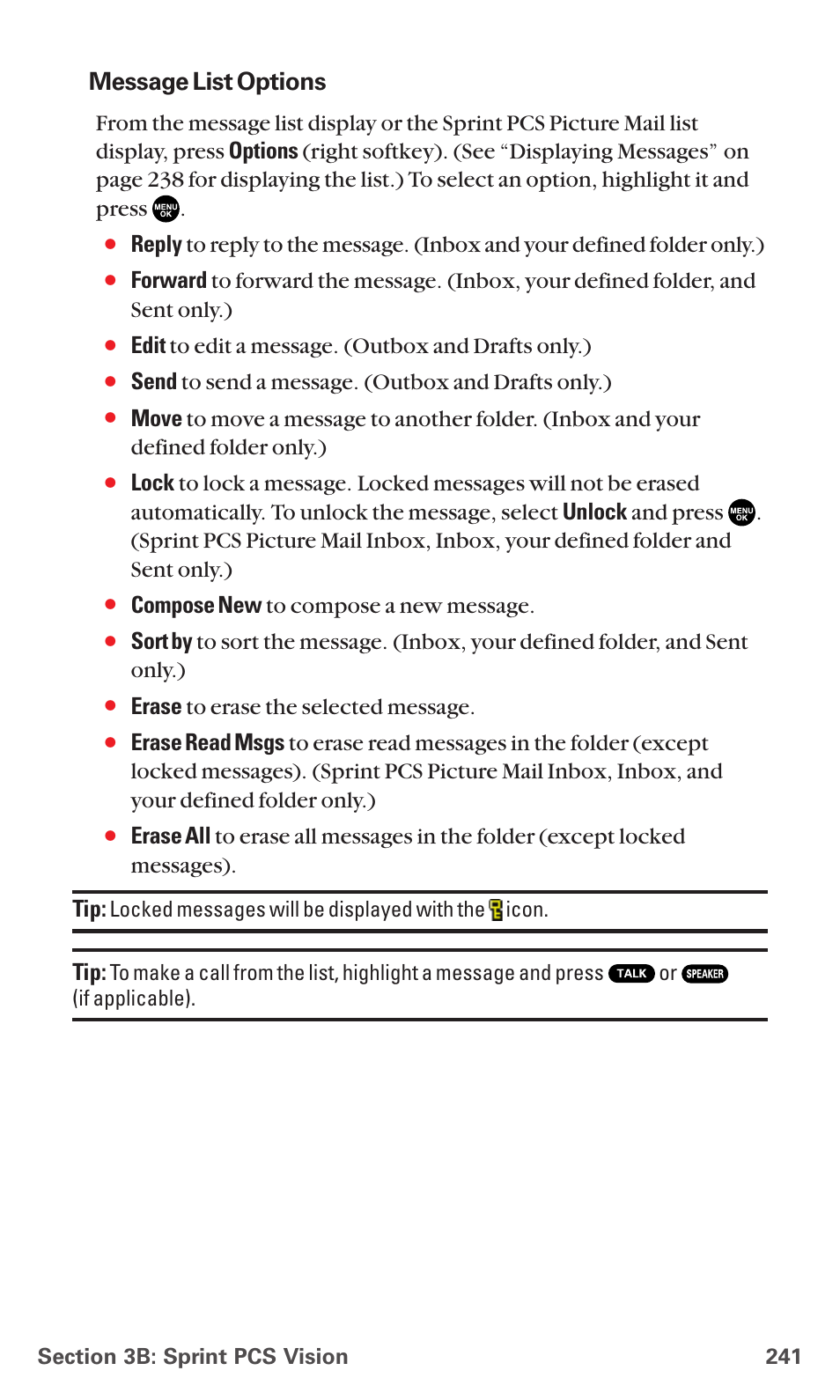 Message list options, Edit to edit a message. (outbox and drafts only.), Send to send a message. (outbox and drafts only.) | Compose new to compose a new message, Erase to erase the selected message | Sanyo MM-5600 User Manual | Page 255 / 330