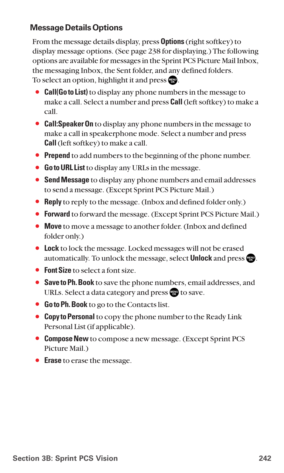 Message details options, Go to url list to display any urls in the message, Font size to select a font size | Go to ph. book to go to the contacts list, Erase to erase the message | Sanyo MM-5600 User Manual | Page 256 / 330