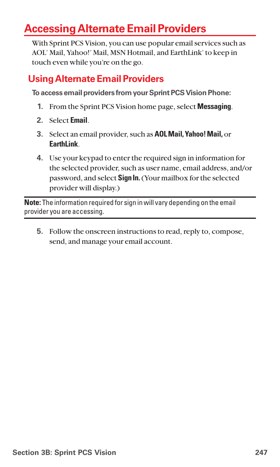 Accessing alternate email providers, Using alternate email providers | Sanyo MM-5600 User Manual | Page 261 / 330