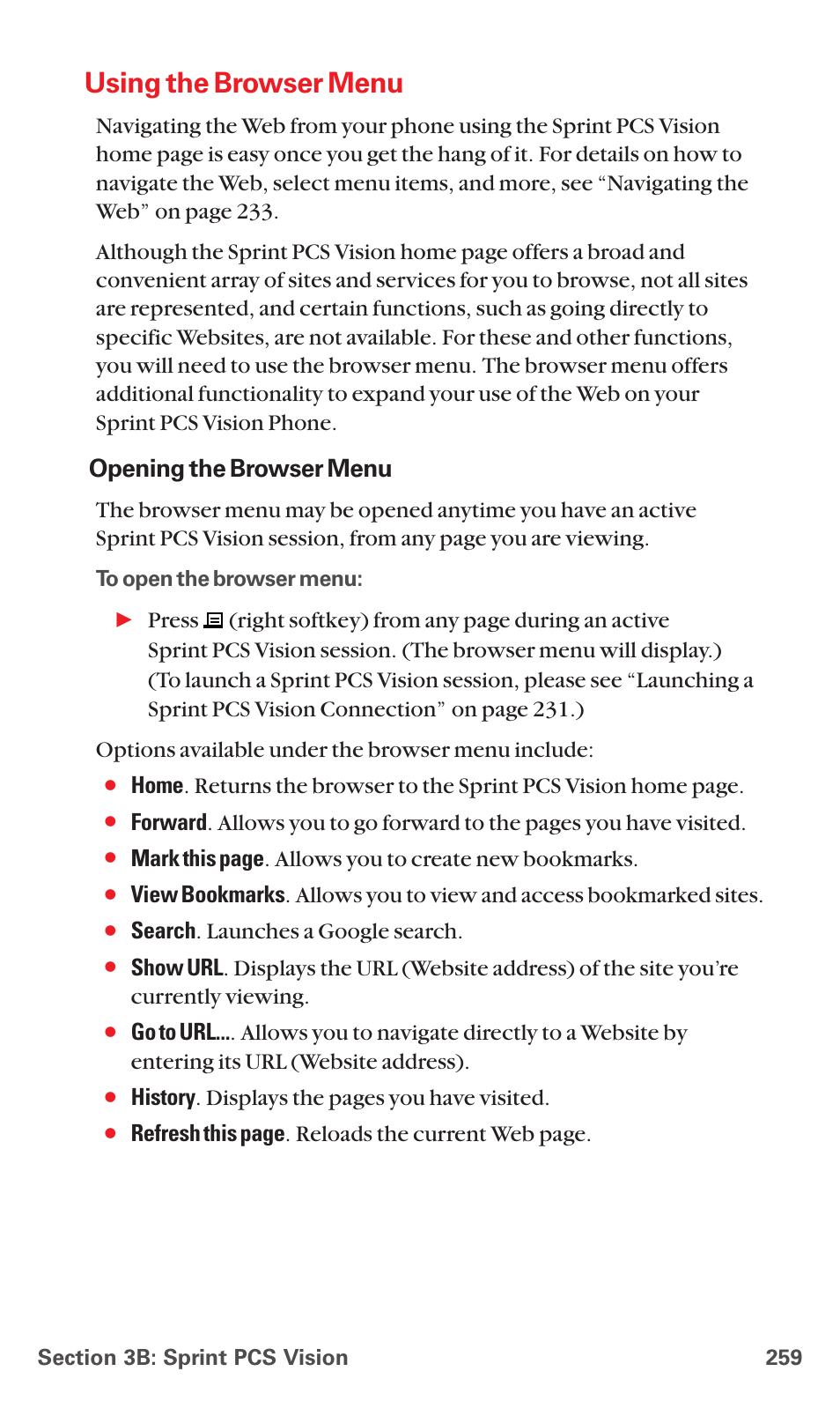 Using the browser menu, Opening the browser menu, Search . launches a google search | History . displays the pages you have visited, Refresh this page . reloads the current web page | Sanyo MM-5600 User Manual | Page 273 / 330