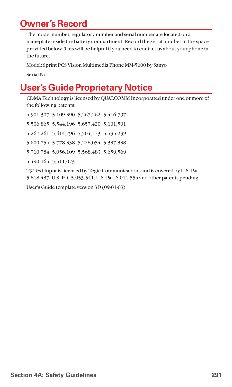 Owner’s record, User’s guide proprietary notice | Sanyo MM-5600 User Manual | Page 305 / 330