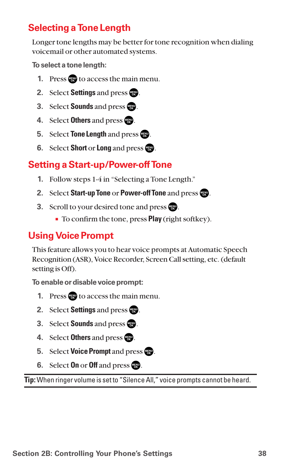 Selecting a tone length, Setting a start-up/power-off tone, Using voice prompt | Sanyo MM-5600 User Manual | Page 52 / 330