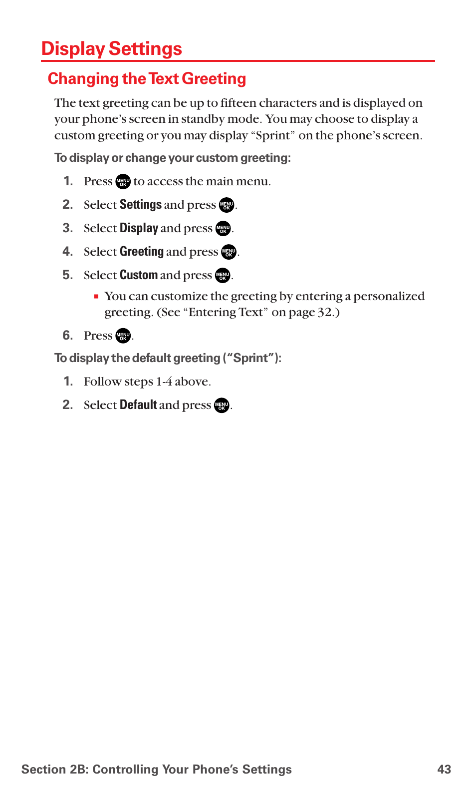 Display settings, Changing the text greeting | Sanyo MM-5600 User Manual | Page 57 / 330