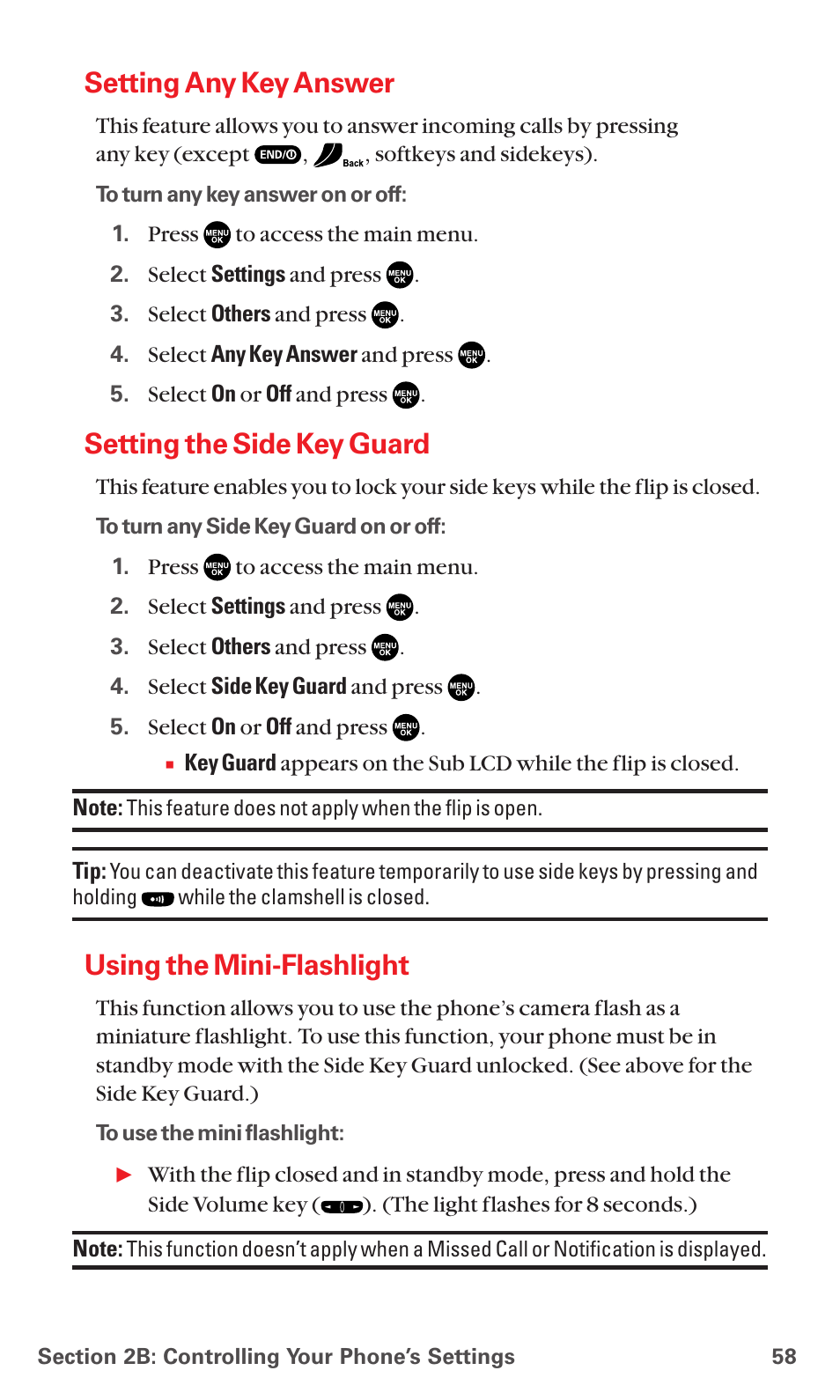 Setting any key answer, Setting the side key guard, Using the mini-flashlight | Sanyo MM-5600 User Manual | Page 72 / 330