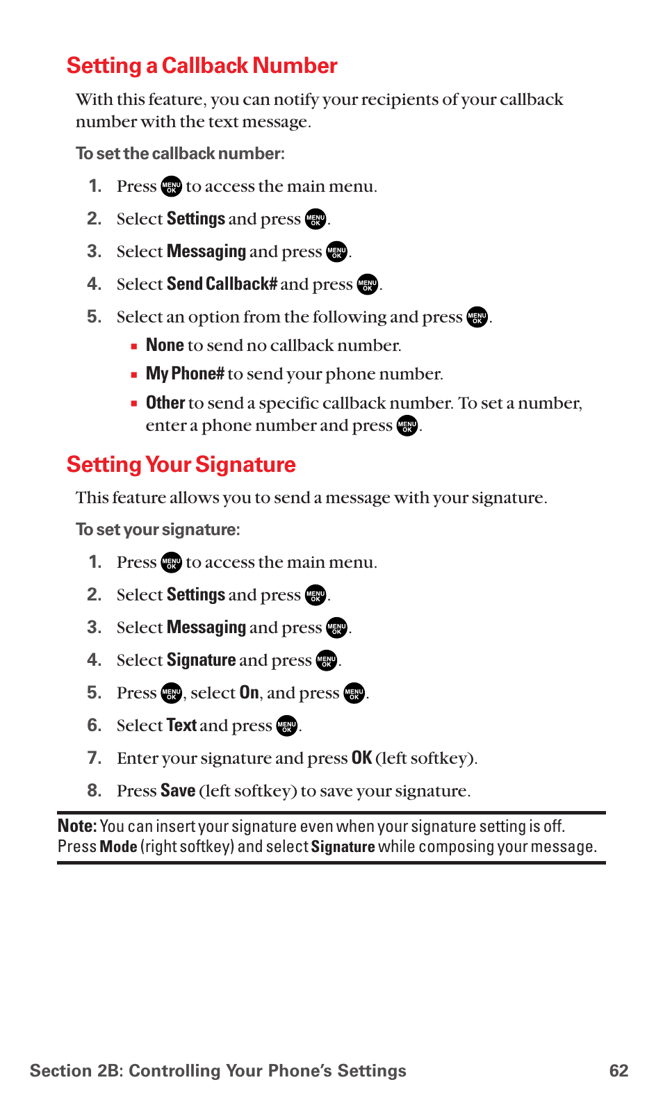 Setting a callback number, Setting your signature | Sanyo MM-5600 User Manual | Page 76 / 330