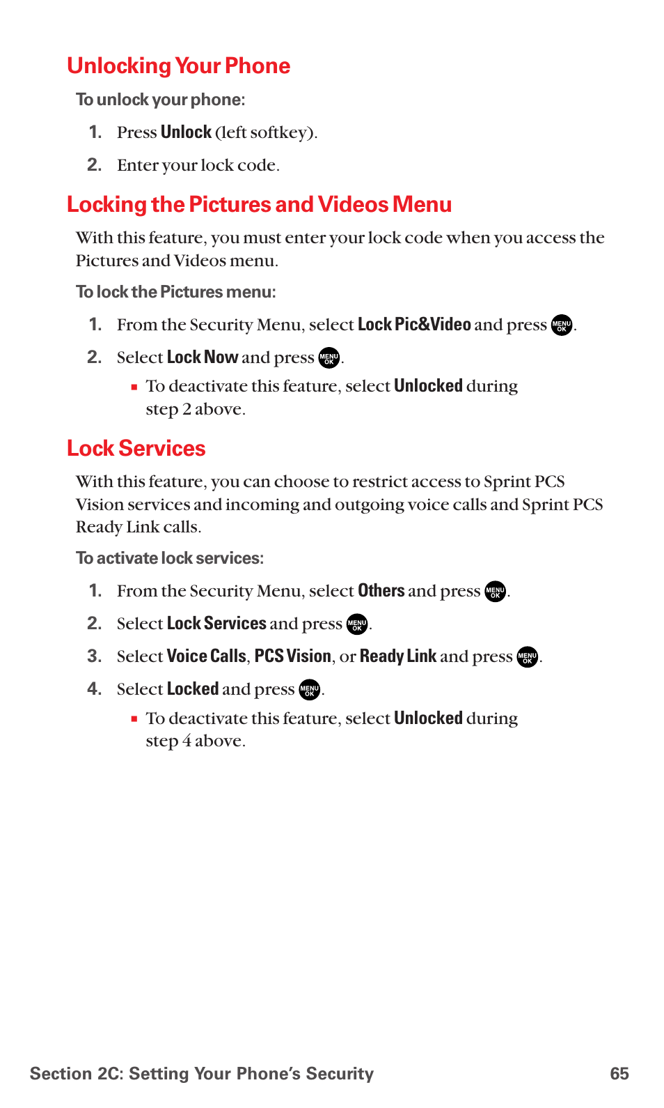 Unlocking your phone, Locking the pictures and videos menu, Lock services | Sanyo MM-5600 User Manual | Page 79 / 330