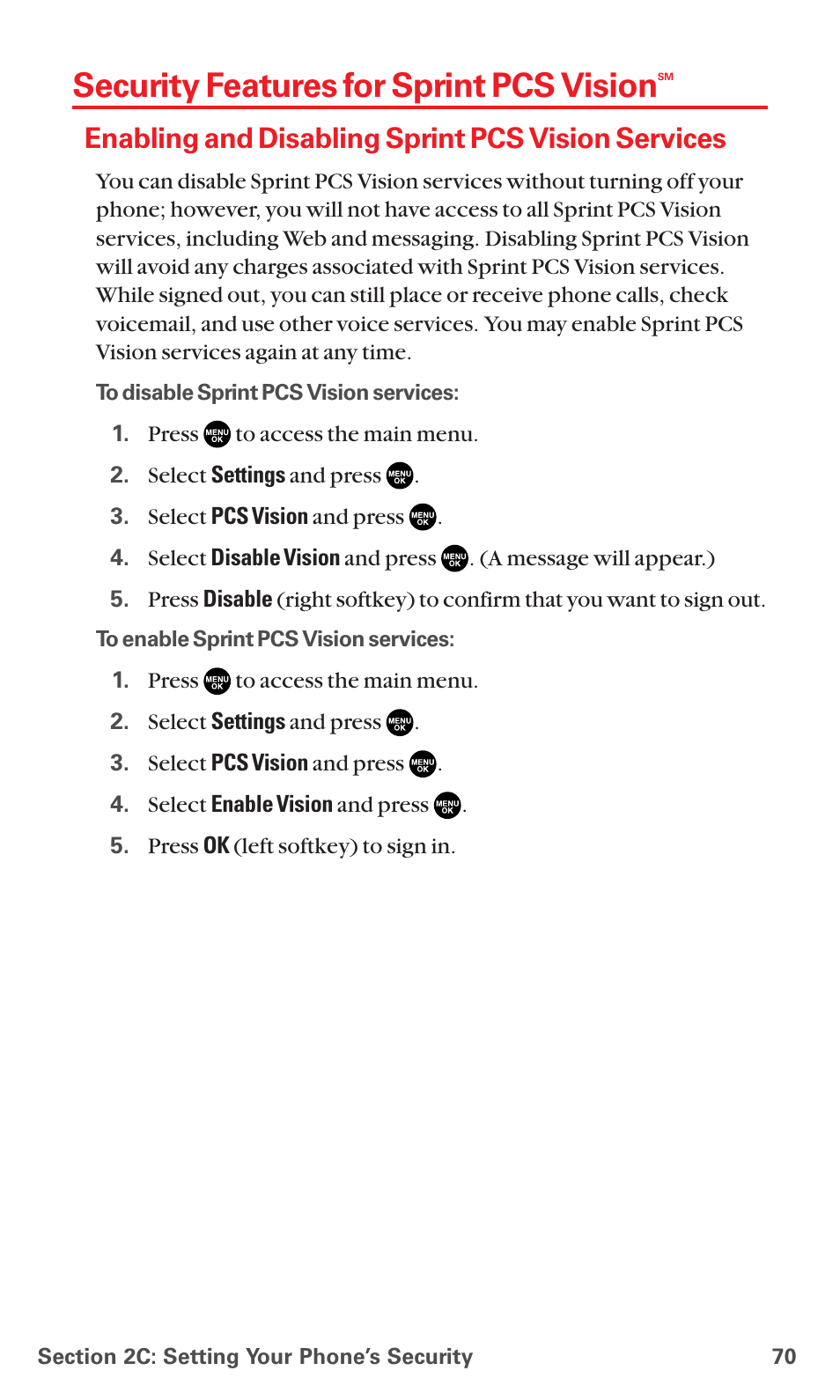 Security features for sprint pcs vision, Enabling and disabling sprint pcs vision services | Sanyo MM-5600 User Manual | Page 84 / 330