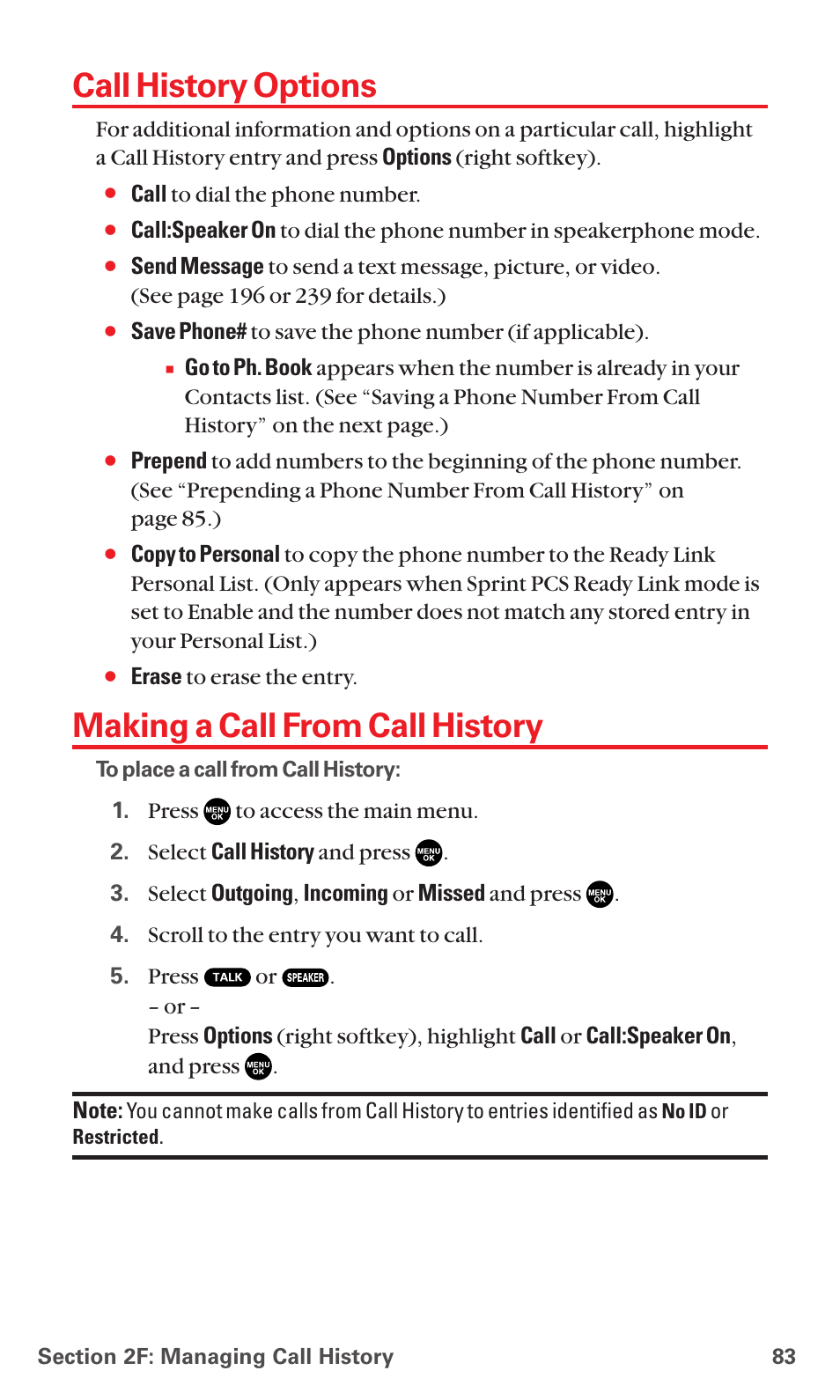 Call history options, Making a call from call history | Sanyo MM-5600 User Manual | Page 97 / 330
