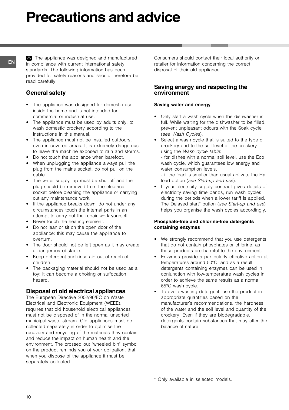Precautions and advice | Hotpoint Ariston LL 40 User Manual | Page 10 / 60