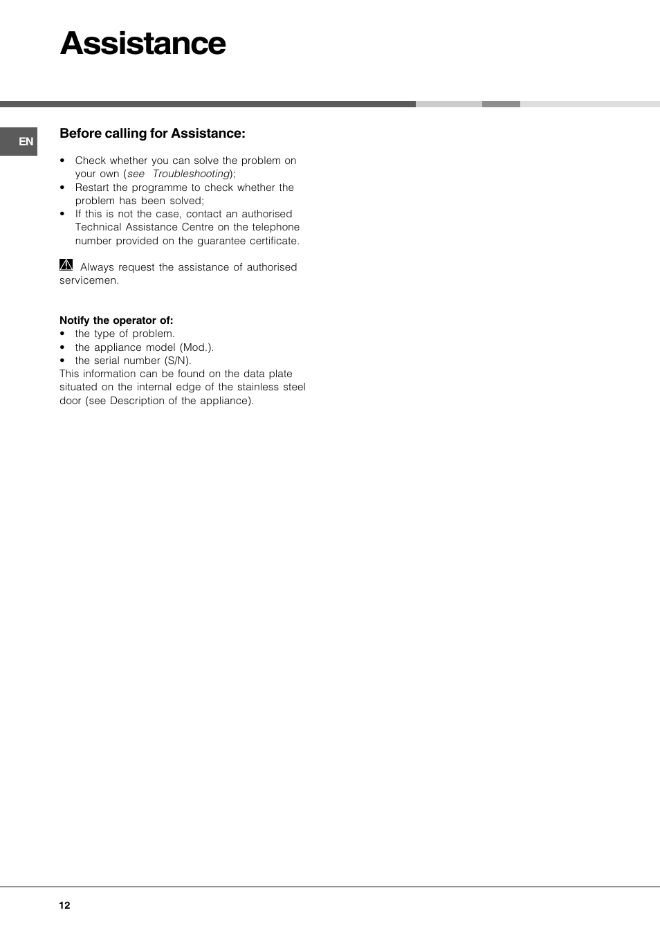 Assistance | Hotpoint Ariston LL 40 User Manual | Page 12 / 60