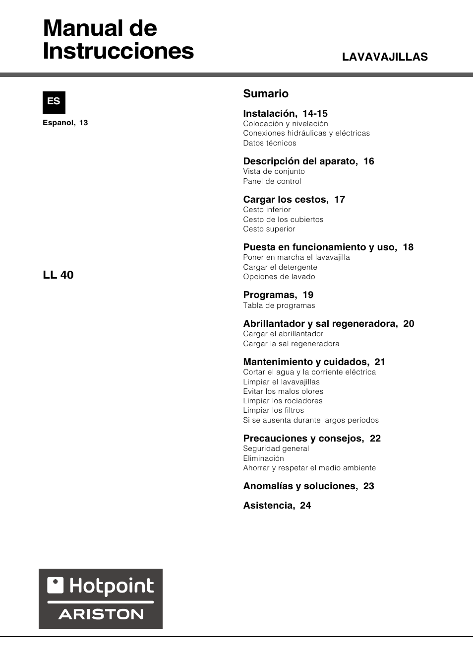 Manual de instrucciones | Hotpoint Ariston LL 40 User Manual | Page 13 / 60