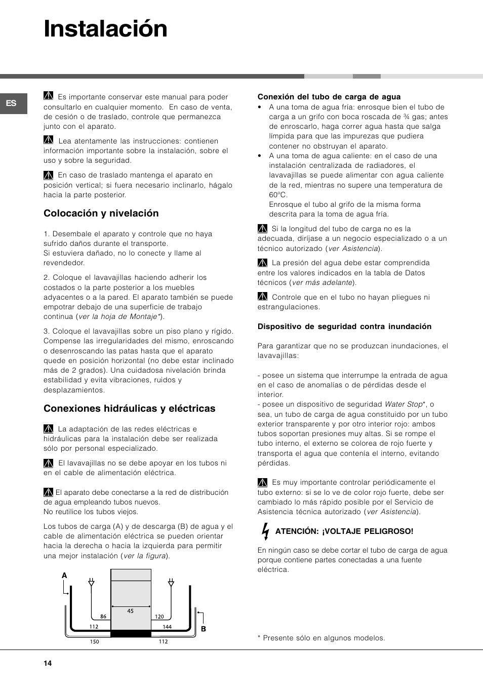 Instalación, Colocación y nivelación, Conexiones hidráulicas y eléctricas | Hotpoint Ariston LL 40 User Manual | Page 14 / 60