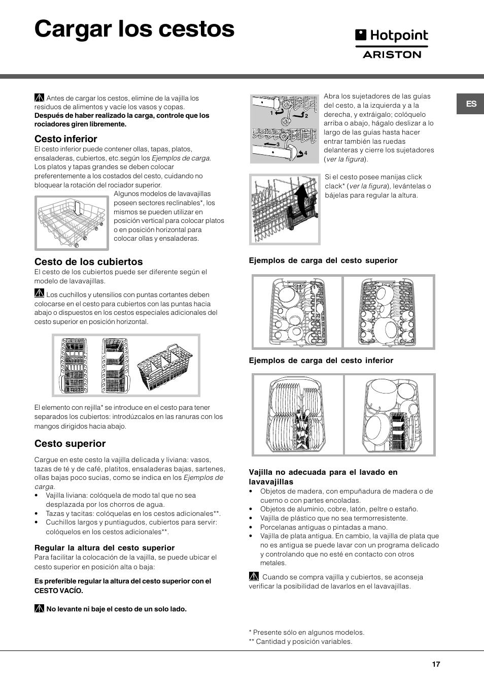 Cargar los cestos, Cesto inferior, Cesto de los cubiertos | Cesto superior | Hotpoint Ariston LL 40 User Manual | Page 17 / 60