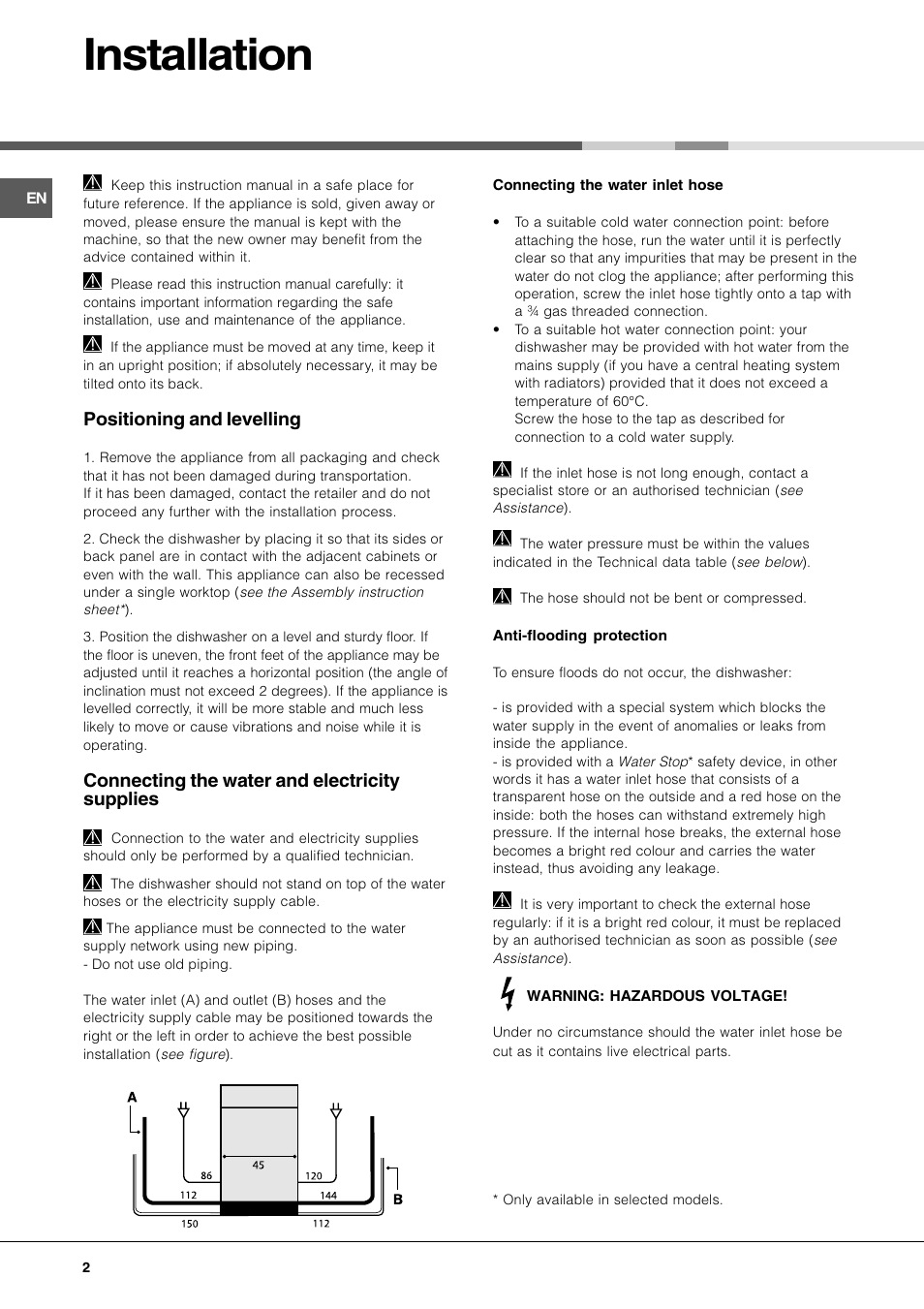 Installation, Positioning and levelling, Connecting the water and electricity supplies | Hotpoint Ariston LL 40 User Manual | Page 2 / 60