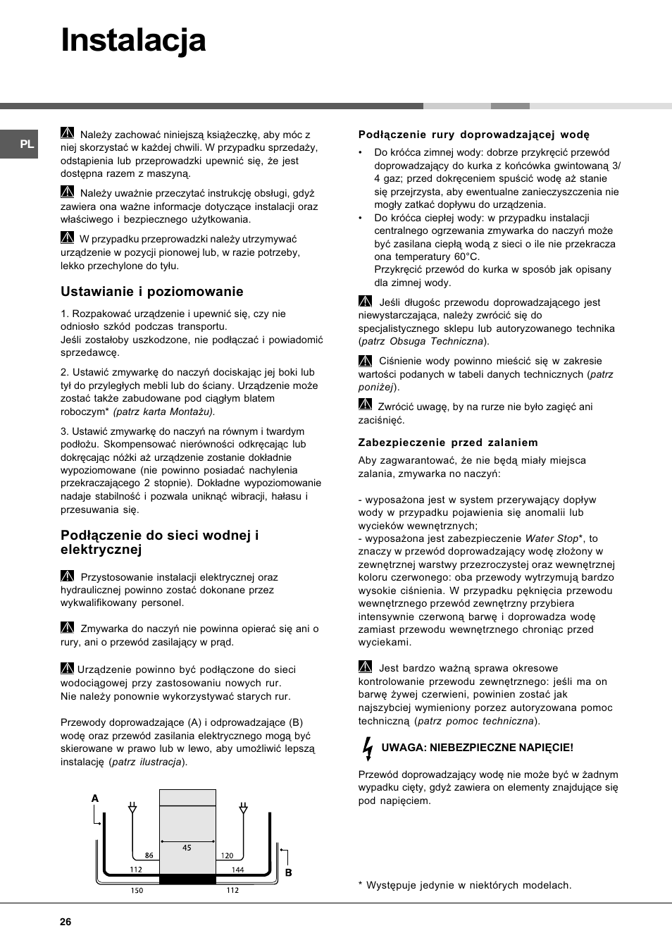 Instalacja, Ustawianie i poziomowanie, Pod³¹czenie do sieci wodnej i elektrycznej | Hotpoint Ariston LL 40 User Manual | Page 26 / 60