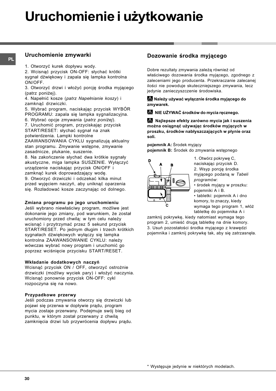 Uruchomienie i u¿ytkowanie, Dozowanie rodka myj¹cego, Uruchomienie zmywarki | Hotpoint Ariston LL 40 User Manual | Page 30 / 60
