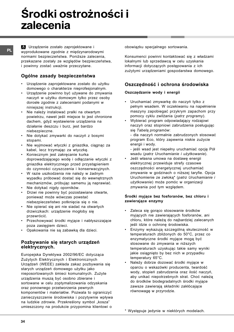 Rodki ostro¿noci i zalecenia | Hotpoint Ariston LL 40 User Manual | Page 34 / 60
