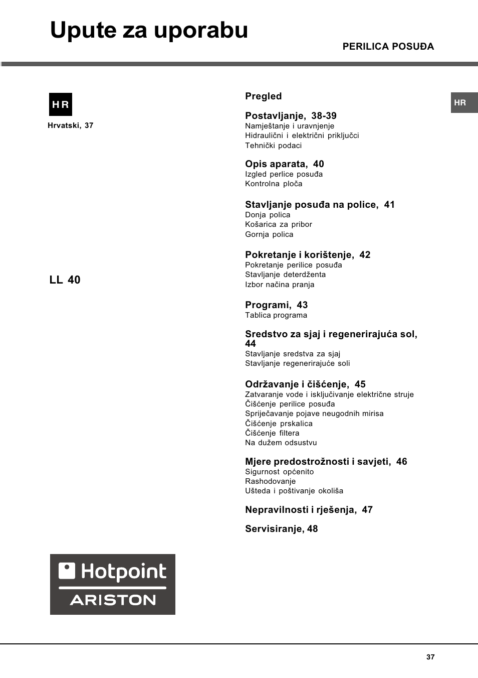 Upute za uporabu, Ll 40 | Hotpoint Ariston LL 40 User Manual | Page 37 / 60