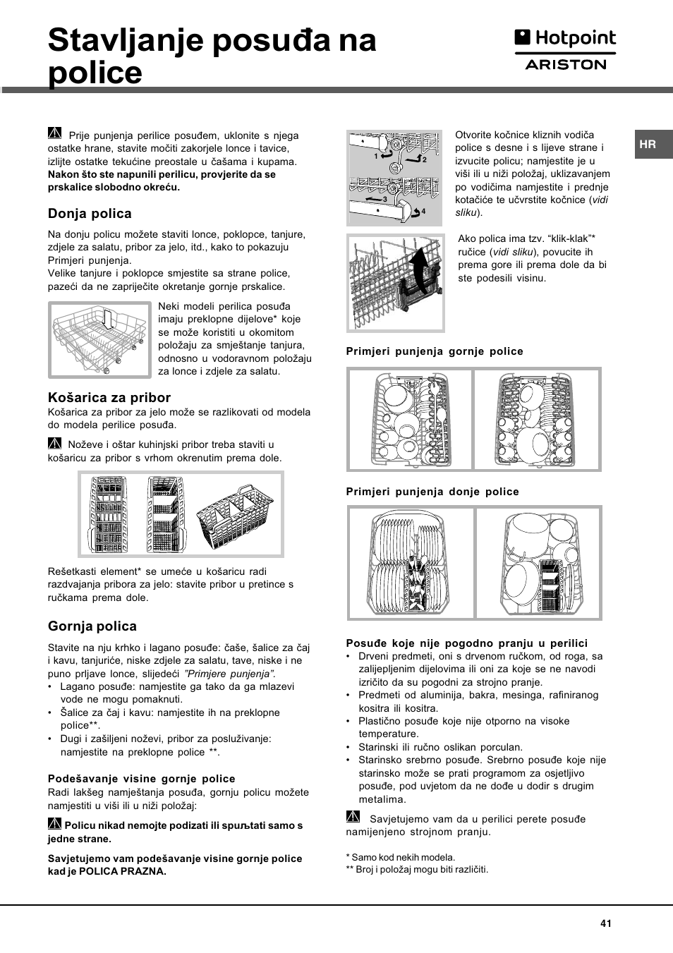 Stavljanje posuða na police, Donja polica, Koarica za pribor | Gornja polica | Hotpoint Ariston LL 40 User Manual | Page 41 / 60