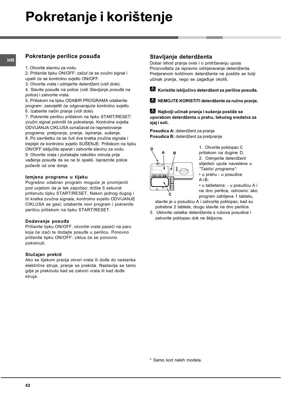 Pokretanje i koritenje, Pokretanje perilice posuða, Stavljanje deterdenta | Hotpoint Ariston LL 40 User Manual | Page 42 / 60