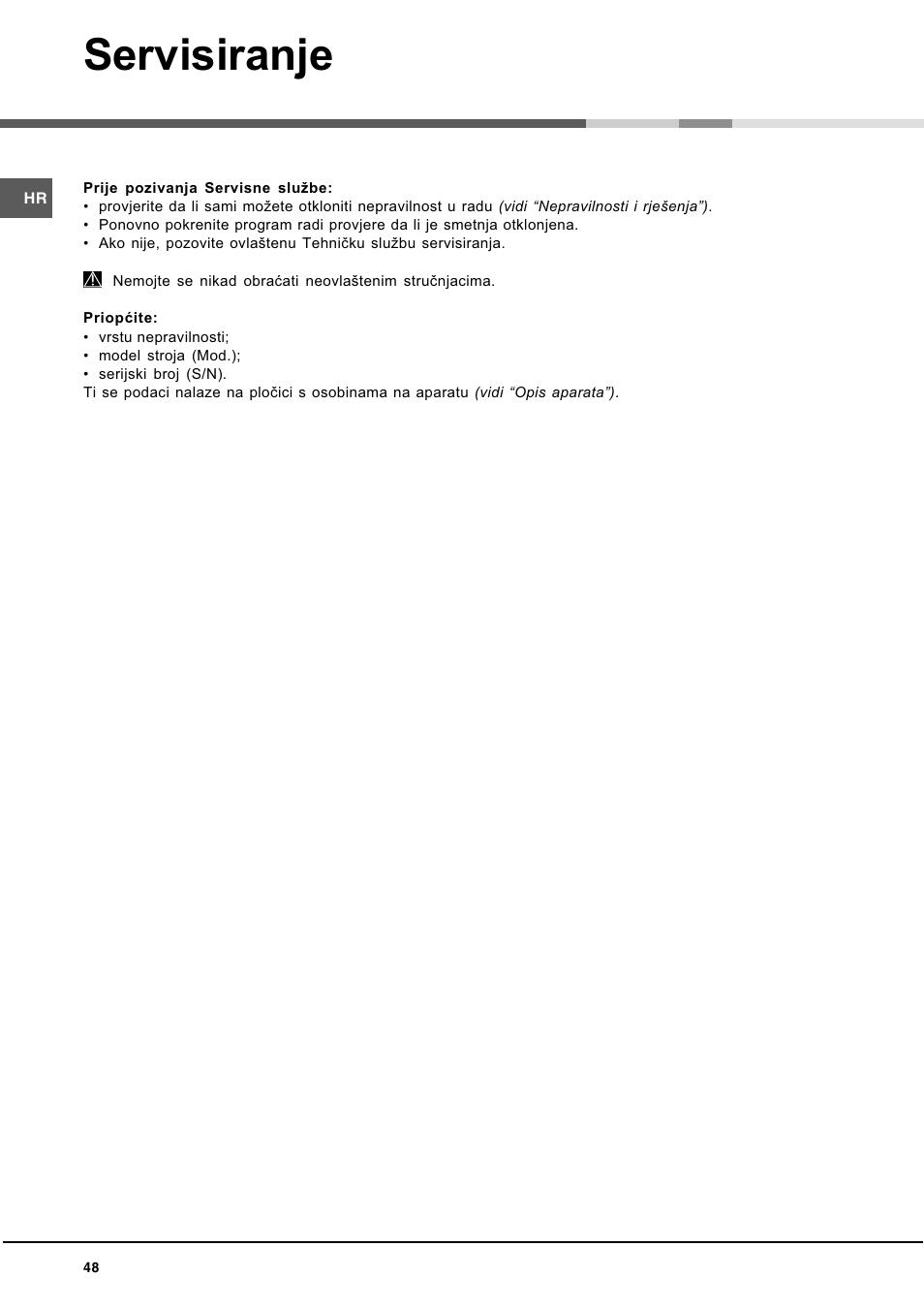 Servisiranje | Hotpoint Ariston LL 40 User Manual | Page 48 / 60