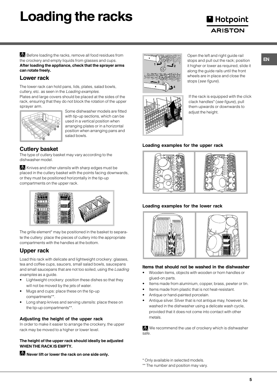 Loading the racks, Lower rack, Cutlery basket | Upper rack | Hotpoint Ariston LL 40 User Manual | Page 5 / 60