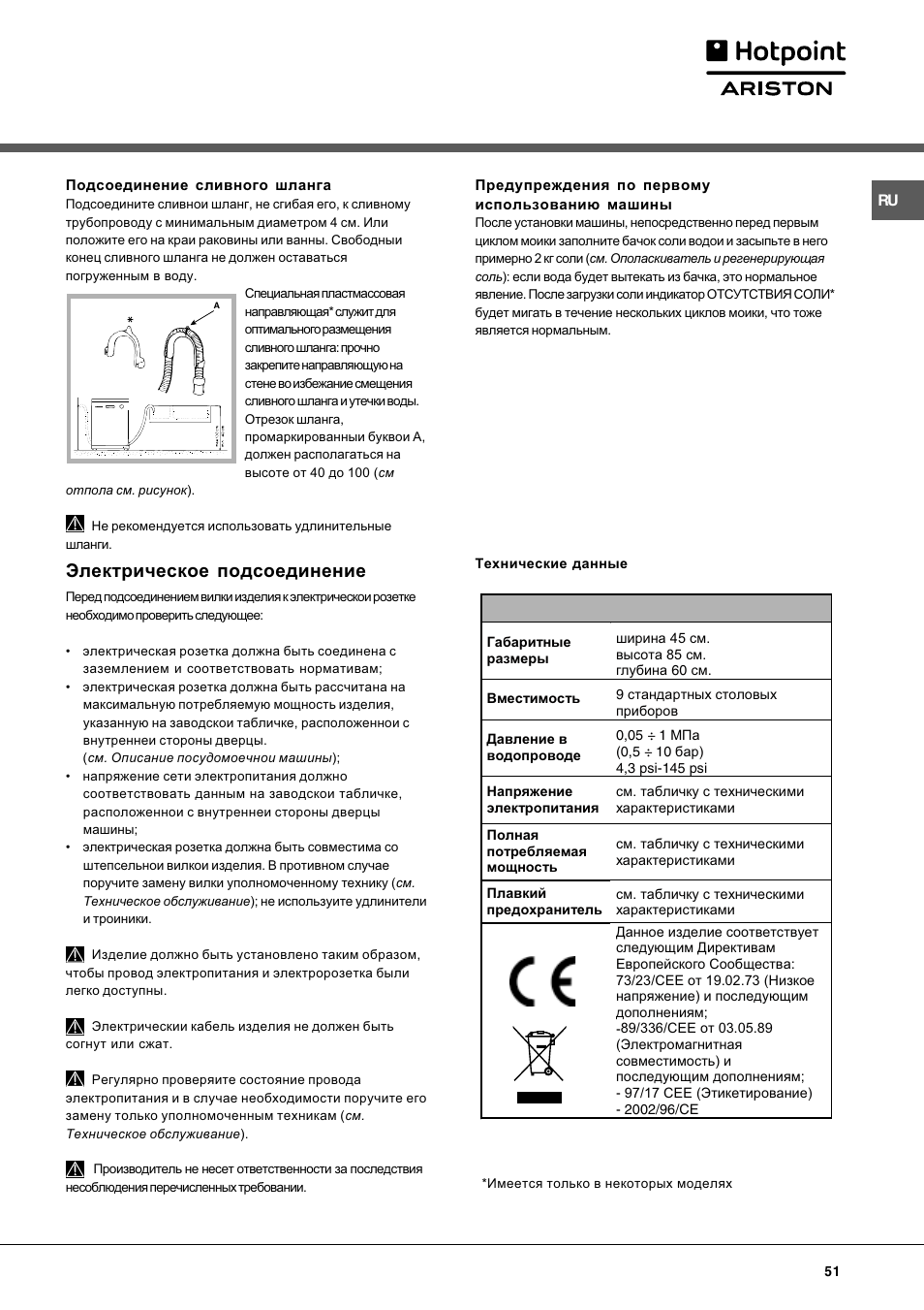 Электрическое подсоединение | Hotpoint Ariston LL 40 User Manual | Page 51 / 60