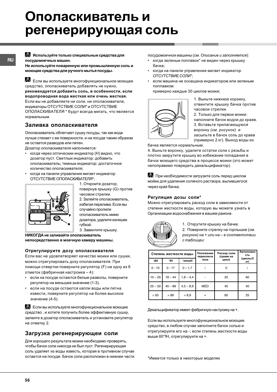 Ополаскиватель и регенерирующая соль, Заливка ополаскивателя, Загрузка регенерирующеи соли | Hotpoint Ariston LL 40 User Manual | Page 56 / 60