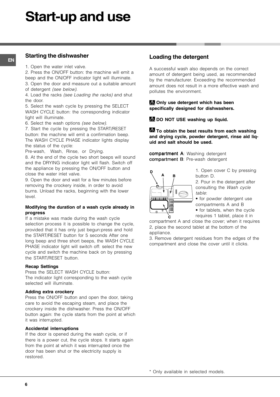 Start-up and use, Starting the dishwasher, Loading the detergent | Hotpoint Ariston LL 40 User Manual | Page 6 / 60