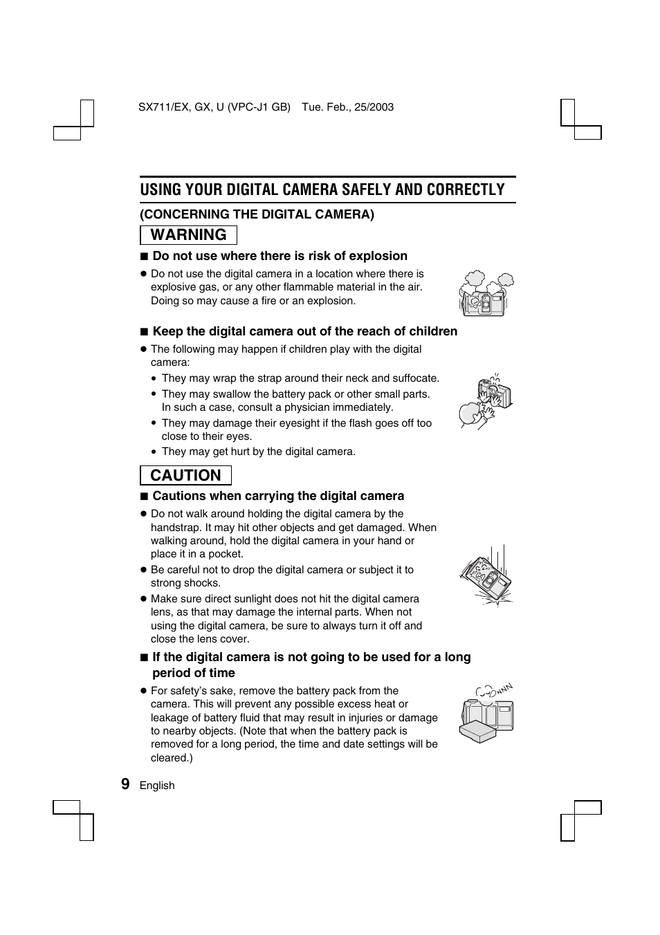 Using your digital camera safely and correctly, Warning, Caution | Sanyo Xacti VPC-J1EX User Manual | Page 12 / 202