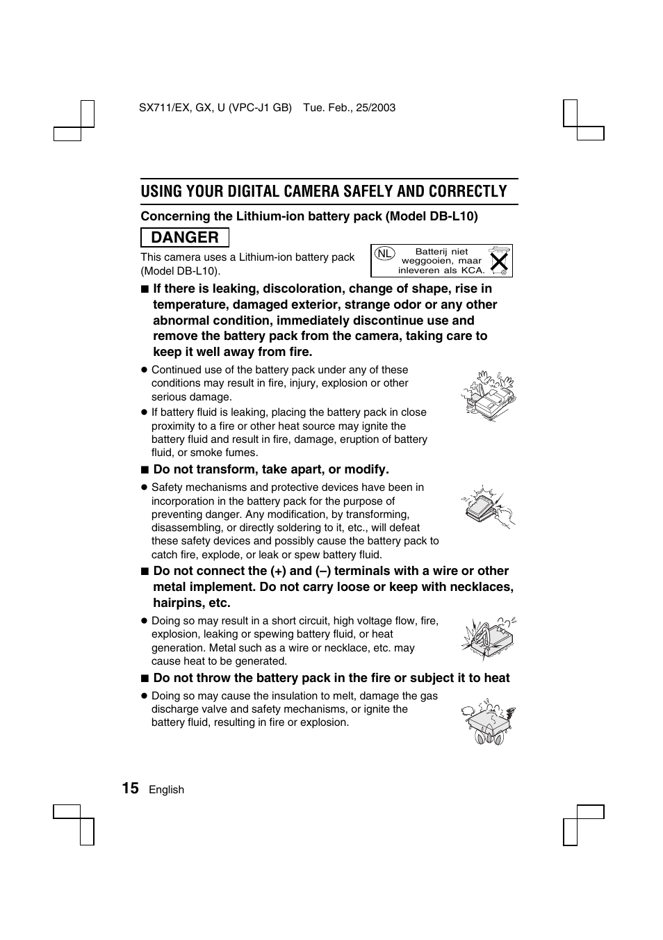 Using your digital camera safely and correctly, Danger | Sanyo Xacti VPC-J1EX User Manual | Page 18 / 202