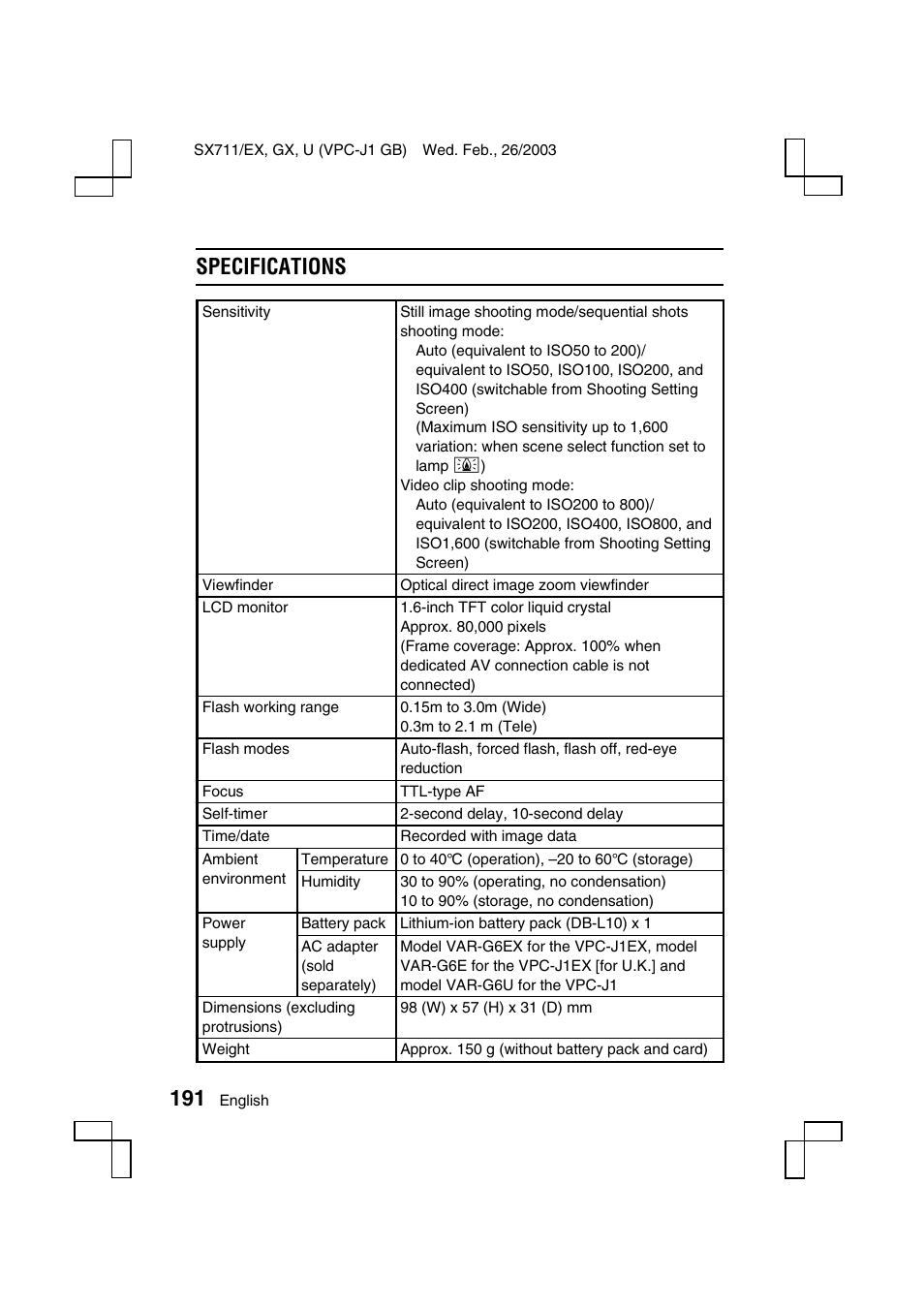 Specifications | Sanyo Xacti VPC-J1EX User Manual | Page 194 / 202