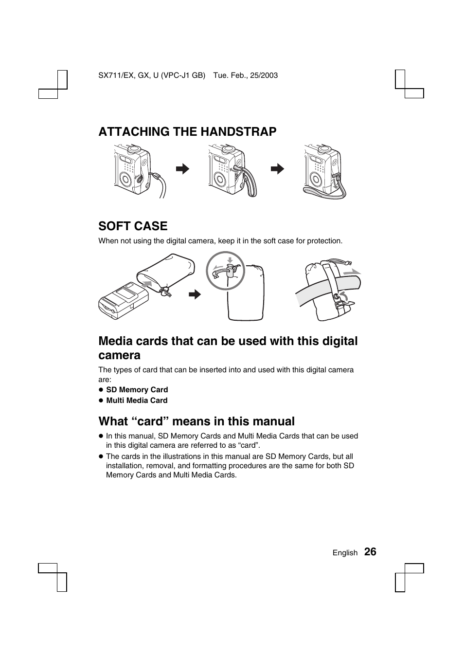 Attaching the handstrap soft case, What “card” means in this manual | Sanyo Xacti VPC-J1EX User Manual | Page 29 / 202