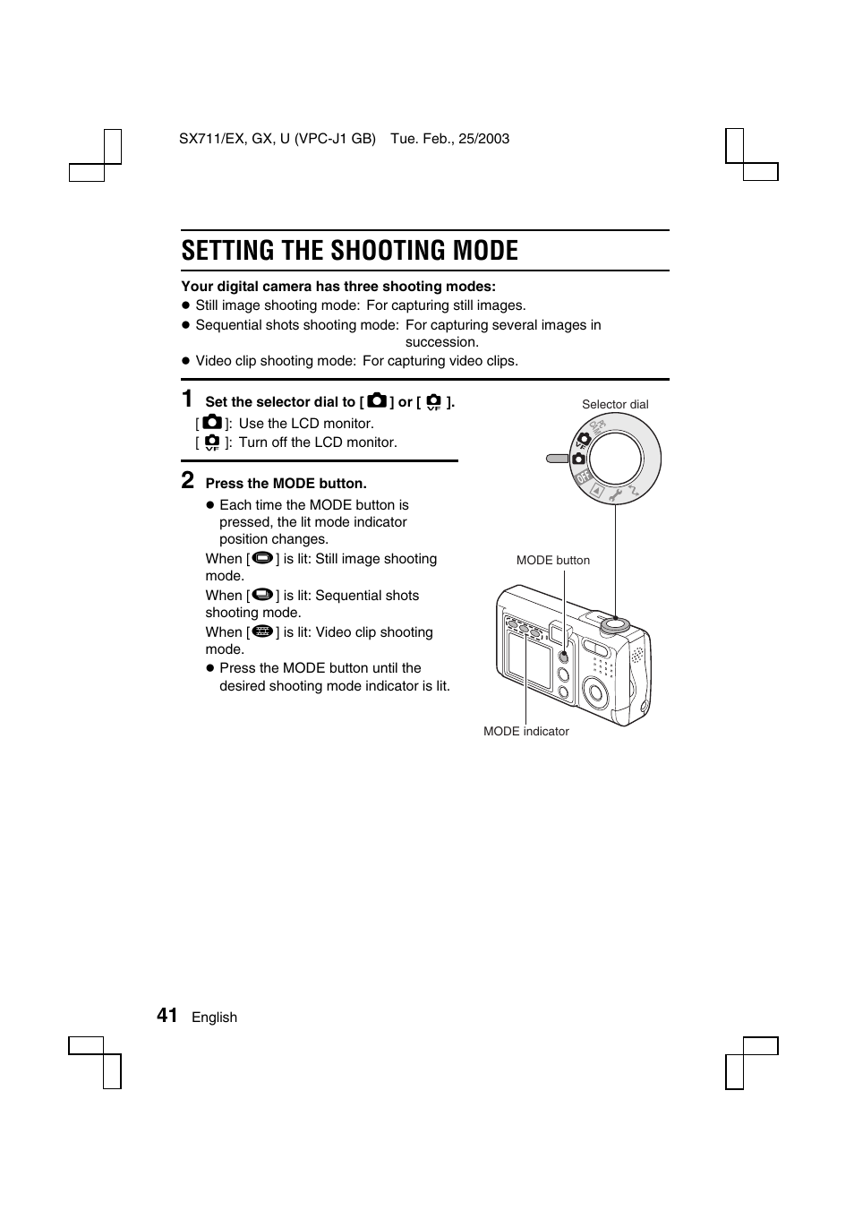 Setting the shooting mode | Sanyo Xacti VPC-J1EX User Manual | Page 44 / 202
