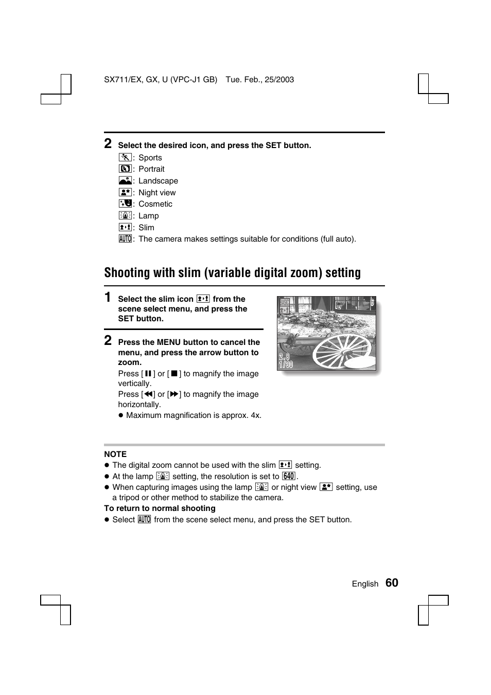 Shooting with slim (variable digital zoom) setting | Sanyo Xacti VPC-J1EX User Manual | Page 63 / 202