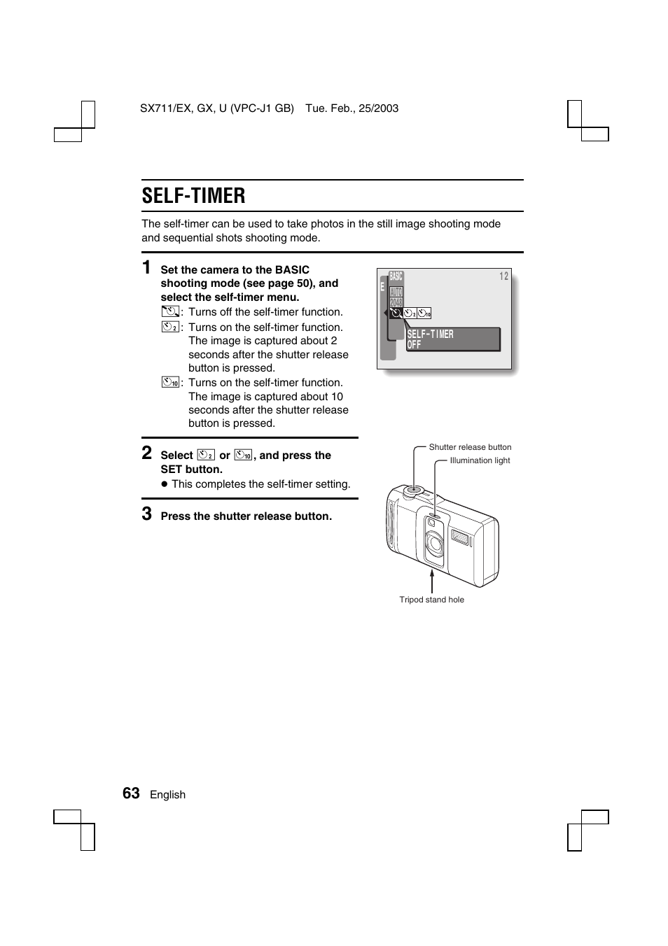 Self-timer | Sanyo Xacti VPC-J1EX User Manual | Page 66 / 202