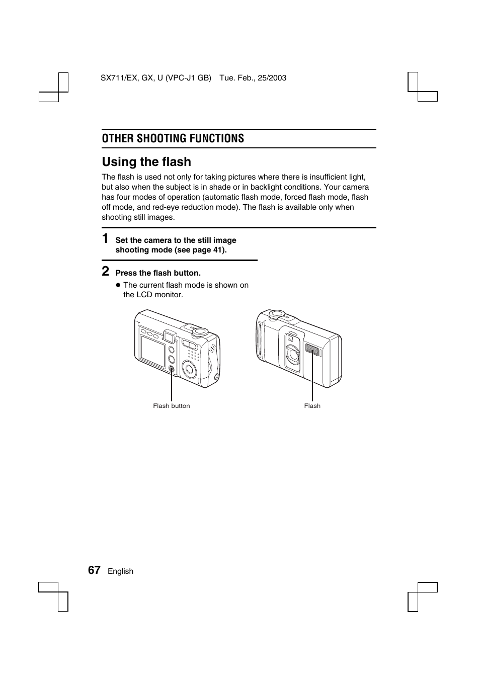 Using the flash, Other shooting functions | Sanyo Xacti VPC-J1EX User Manual | Page 70 / 202