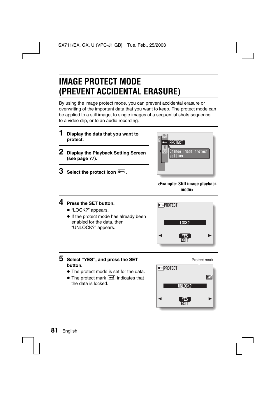 Image protect mode (prevent accidental erasure) | Sanyo Xacti VPC-J1EX User Manual | Page 84 / 202