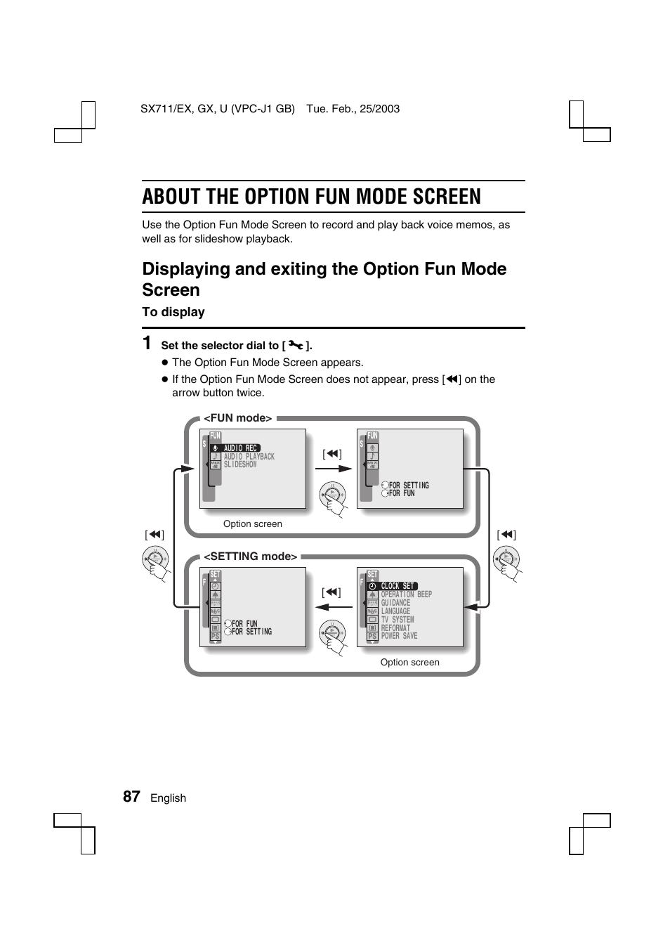 About the option fun mode screen, Displaying and exiting the option fun mode screen | Sanyo Xacti VPC-J1EX User Manual | Page 90 / 202