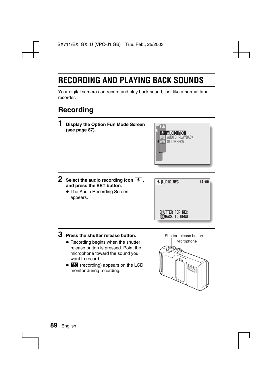 Recording and playing back sounds, Recording | Sanyo Xacti VPC-J1EX User Manual | Page 92 / 202