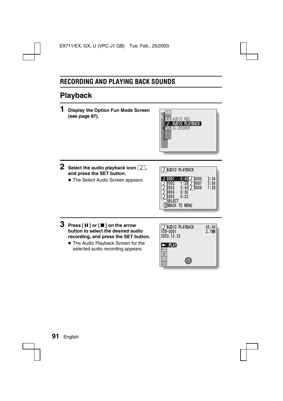 Playback, Recording and playing back sounds | Sanyo Xacti VPC-J1EX User Manual | Page 94 / 202