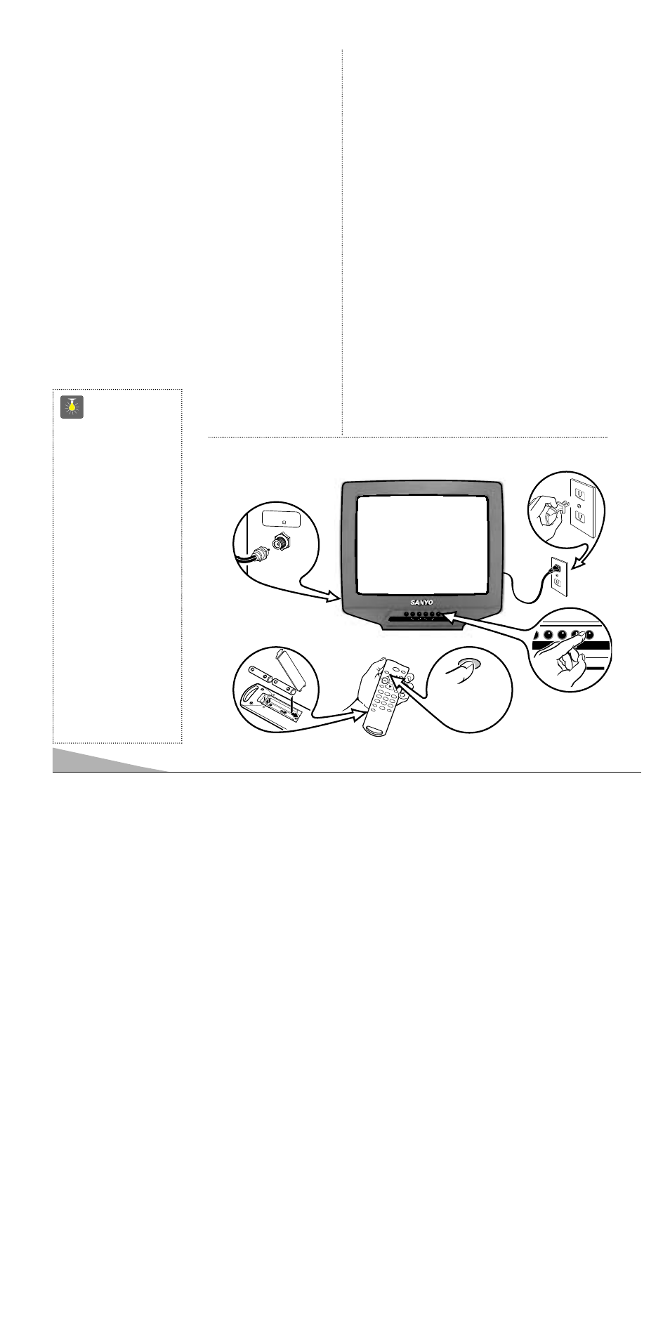 Installation de base, Fiche technique, Caractéristiques | Conseils, Syntonisateur de 181 canaux | Sanyo DS13390 User Manual | Page 16 / 44