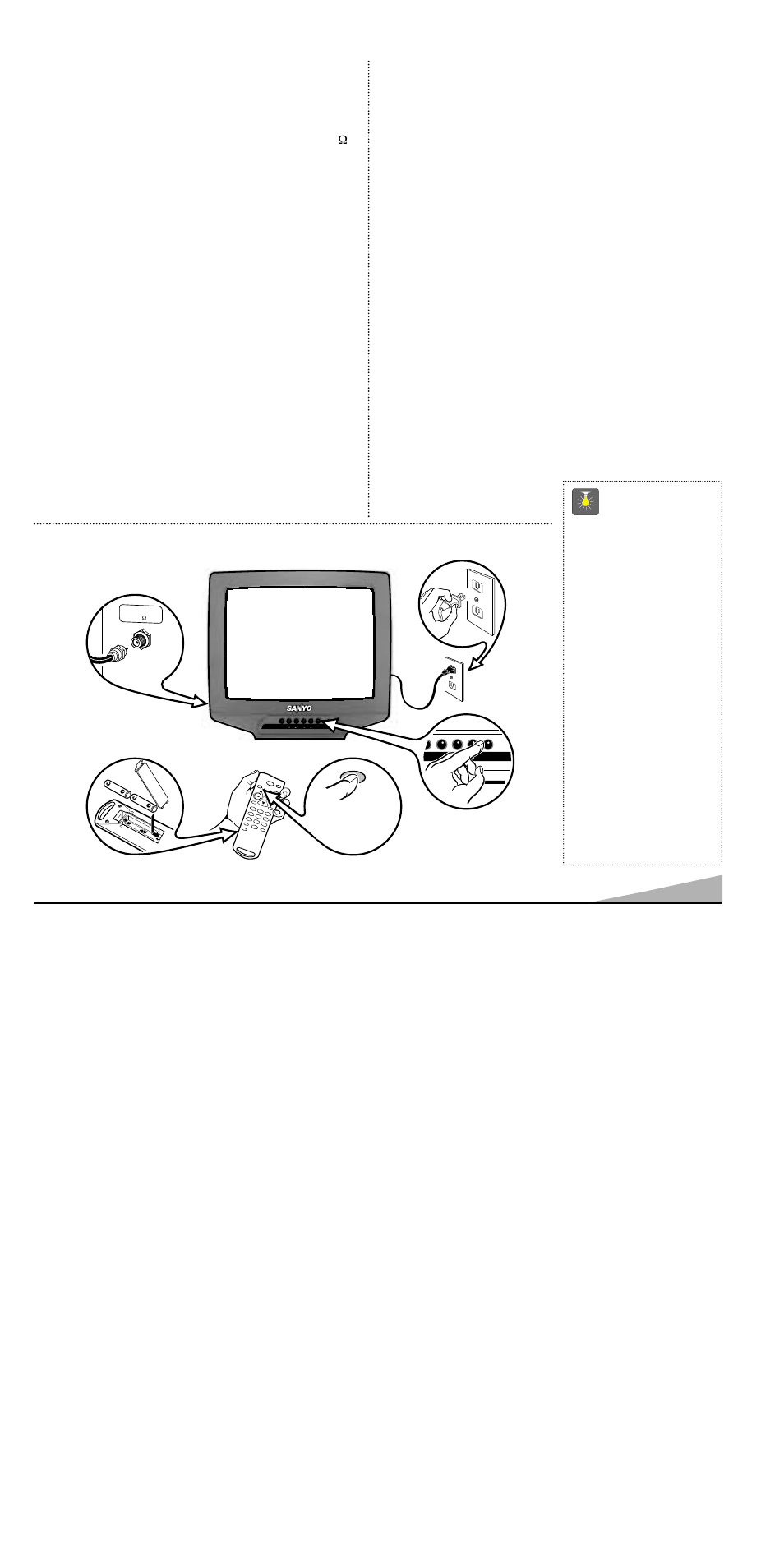Ajustes básicos, Características, Especificaciones | Consejos rápidos, Sintonía fina automática, Sistema de sintonía de 181 canales, Control remoto | Sanyo DS13390 User Manual | Page 31 / 44