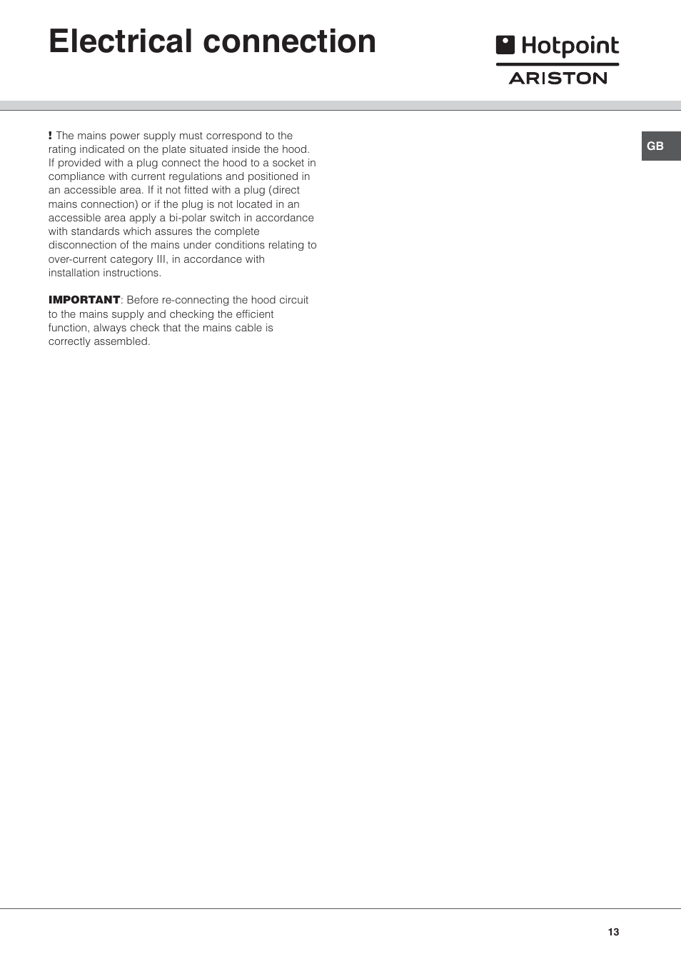 Electrical connection | Hotpoint Ariston HL 61 IX User Manual | Page 13 / 64