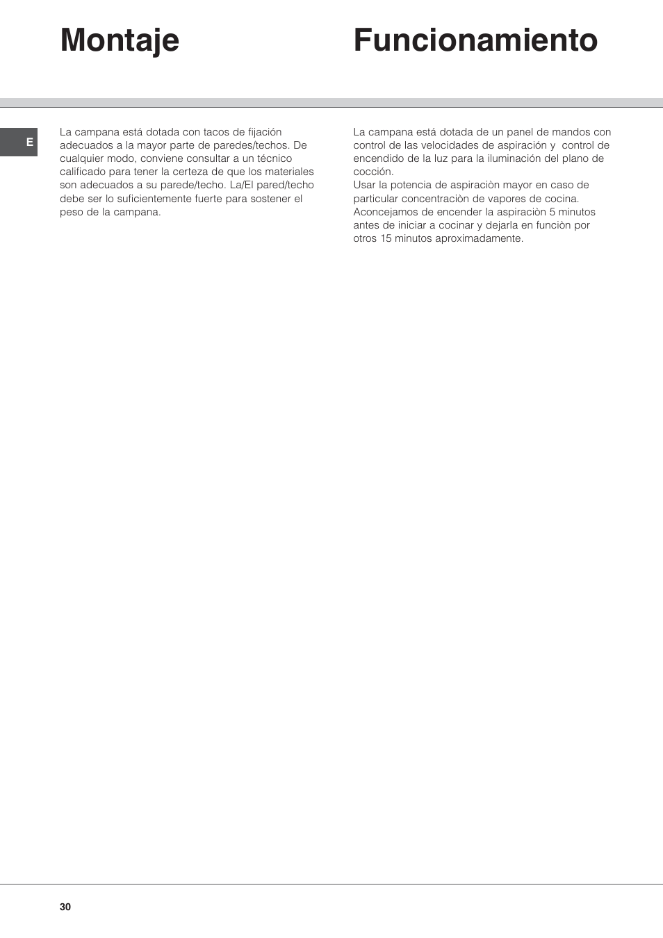 Montaje funcionamiento | Hotpoint Ariston HL 61 IX User Manual | Page 30 / 64