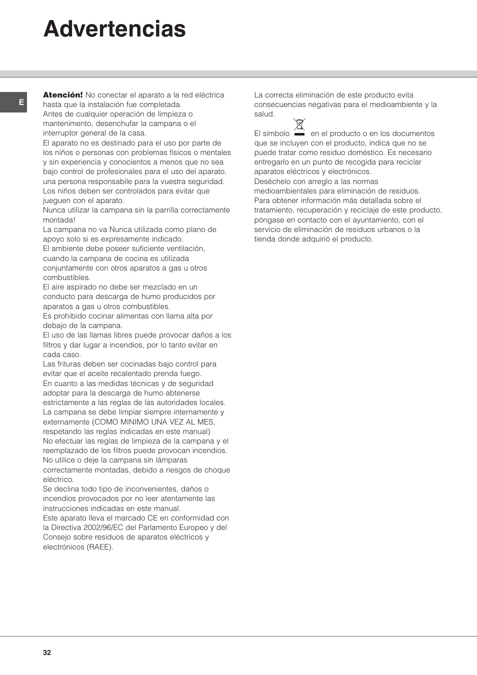 Advertencias | Hotpoint Ariston HL 61 IX User Manual | Page 32 / 64