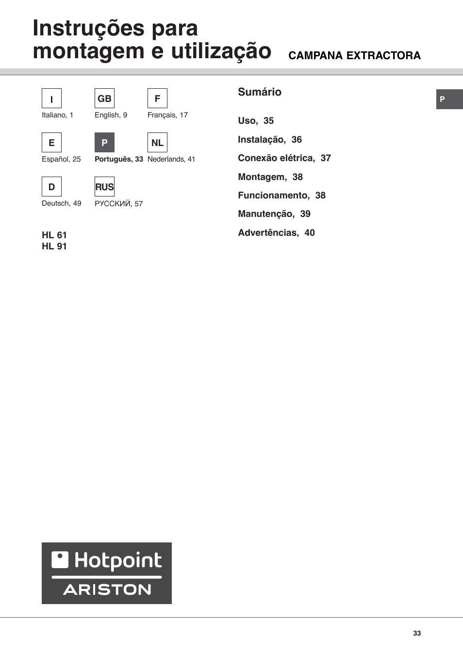 Instruções para montagem e utilização | Hotpoint Ariston HL 61 IX User Manual | Page 33 / 64