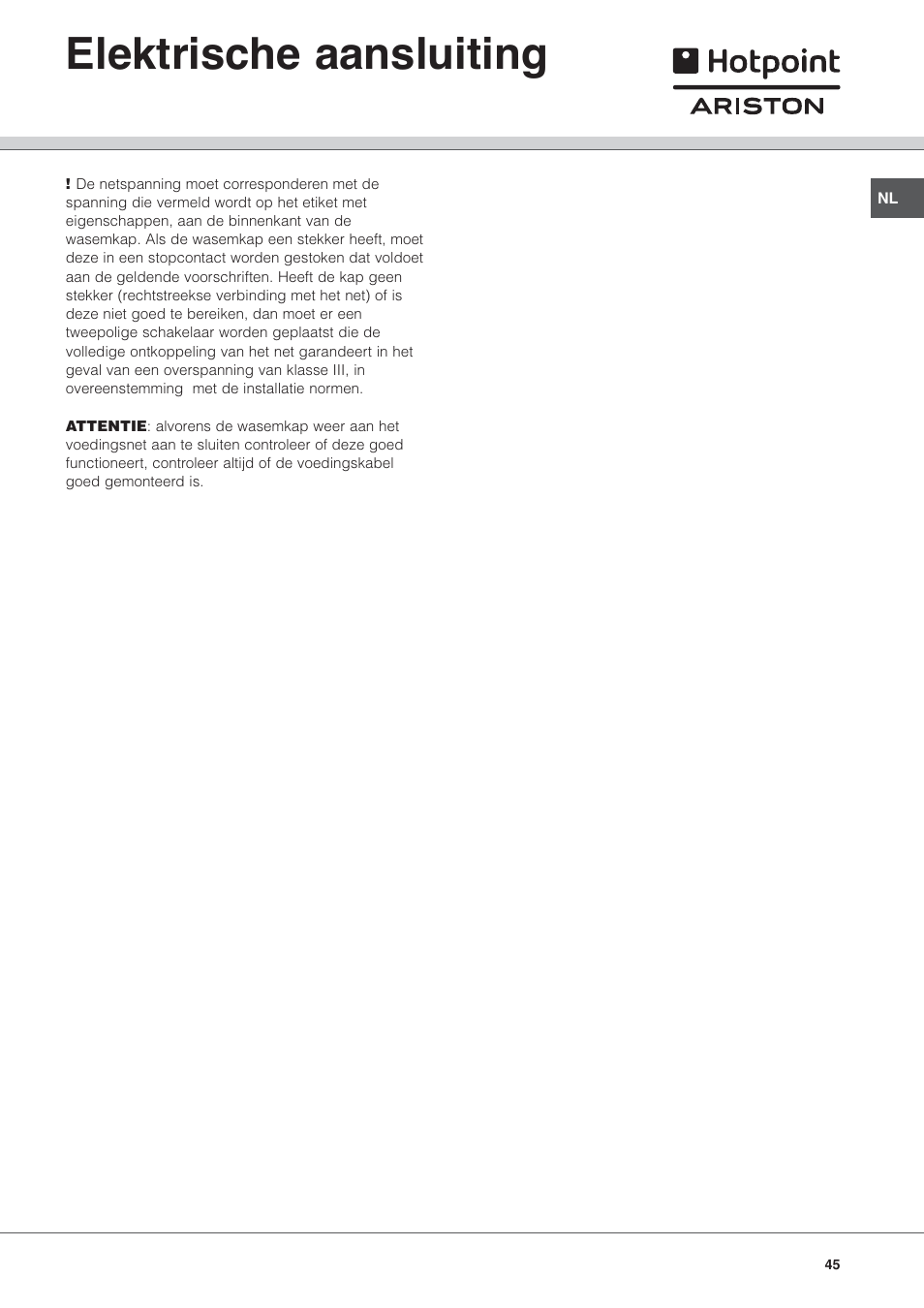Elektrische aansluiting | Hotpoint Ariston HL 61 IX User Manual | Page 45 / 64